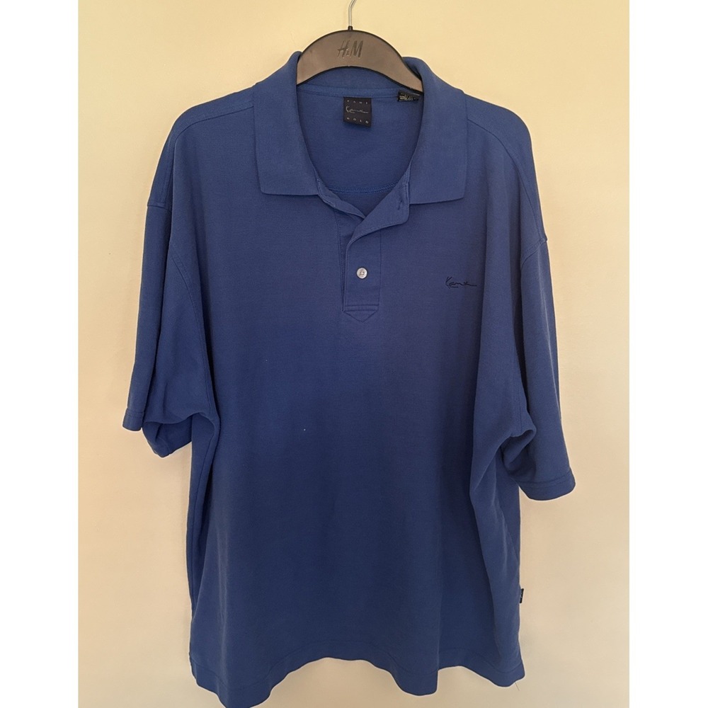 VTG Karl Kani Gold Shirt Men's Sz 2XL XXL Blue Striped Polo Embroidered Logo Y2k